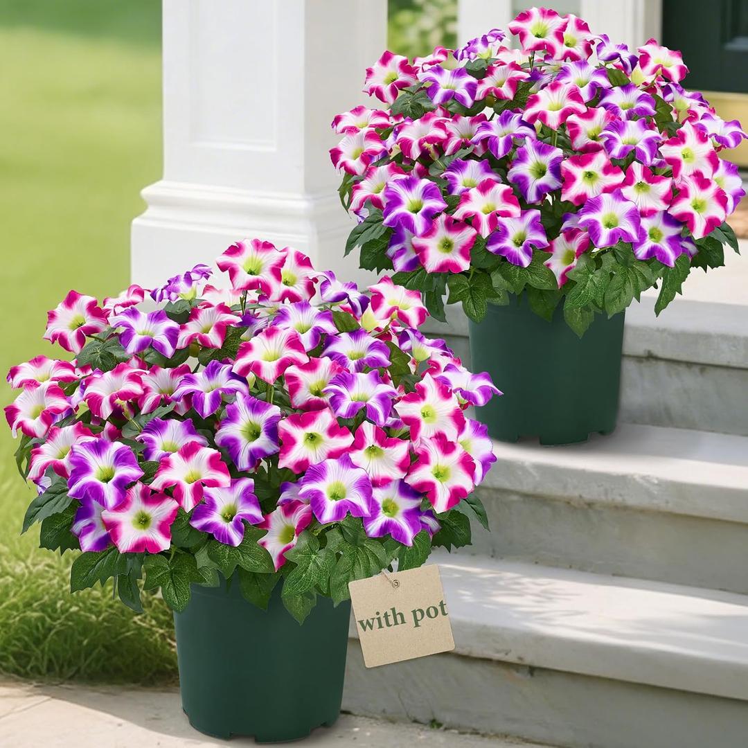 MARTINE MALL Artificial Flowers for Outdoors, 2 Potted Realistic Fake Outdoor Flowers, UV Resistant Silk Petunia Flower for Outside Look Real Faux Flower Plants in Pot for Porch Garden Decor, 20''