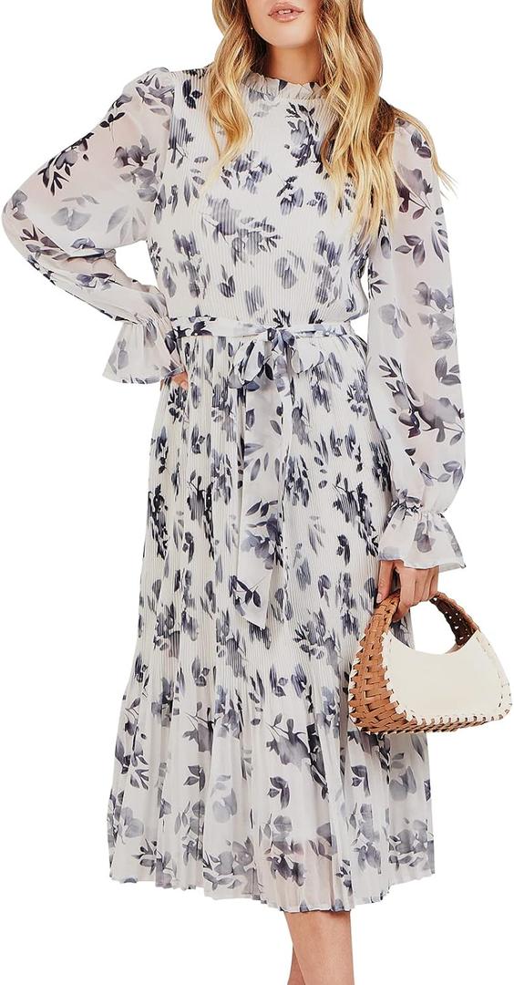 ANRABESS Women's Floral Midi Dress Puff Long Sleeve Casual Ruffle Chiffon A-Line Swing Pleated Belted Tea Party Dresses