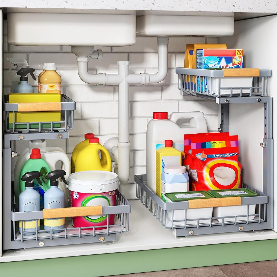 Kitstorack Under Sink Organizer, 2 Tier Under the Sink Storage, Slide out Pull out Cabinet Organizer Shelf, Metal Sliding Drawer for Kitchen Bathroom Pantry Closet Organization Rack, Grey, 2 Pack (Gray)