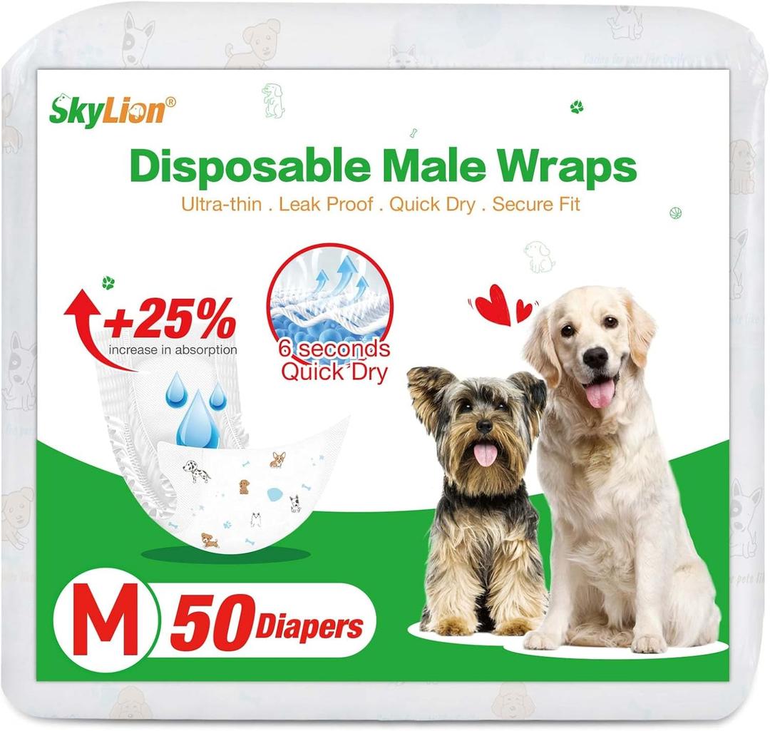 Basics Male Dog Diapers, Super Absorbent Disposable Wrap with LeakProof Protection, Wetness Indicator, Secure Fit, Breathable, Medium, 50 Count