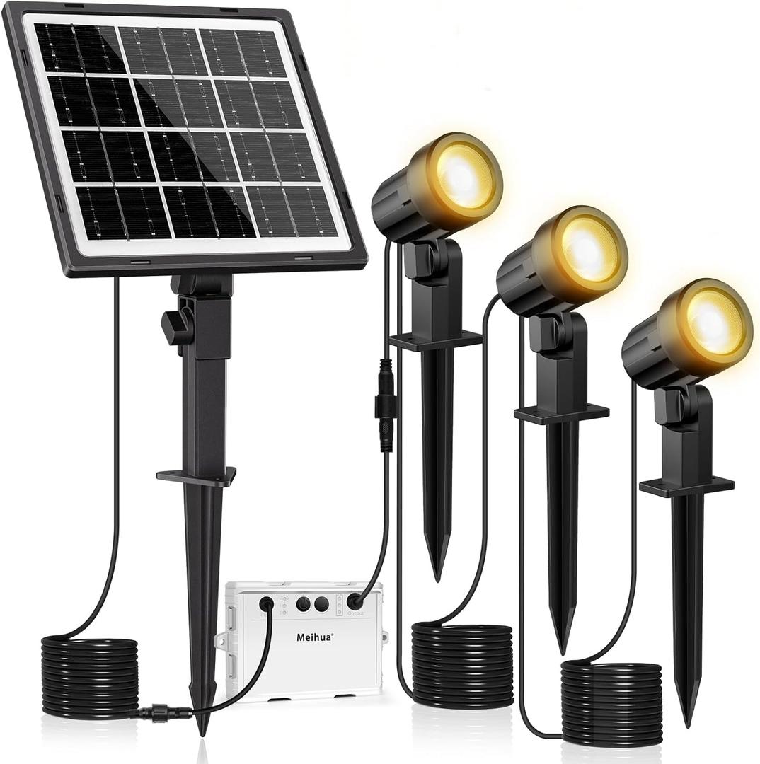 MEIHUA Solar Spot Lights Outdoor, 3 in 1 Landscape Spotlights 2700K Warm White, 3 Lighting Modes & 3 Brightness, IP66 Waterproof Solar Lights Outdoor Garden for Pathway Driveway Yard Tree