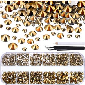 2000 Pieces Flat Back Gems Round Crystal Rhinestones 6 Sizes (1.5-6 mm) with Pick Up Tweezer and Rhinestones Picking Pen for Crafts Nail Face Art Clothes Shoes Bags DIY (Metallic Gold)