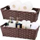 Plastic Wicker Storage Baskets - Toilet Tank & Bathroom Baskets, Woven for Organizing, Brown, 15" x 6" x 4", 2-Pack