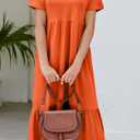 Summer Dresses for Women Flowy Maxi Sundress Short Sleeve Tiered Beach Dress with Pockets 2026 Vacation Travel (Orange, Large)