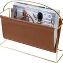 MyGift 15 Inch Mid Century Modern Magazine Holder with Brass Tone Metal Frame and Caramel Brown Leatherette Sling, Freestanding Storage Organizer Newspaper Rack