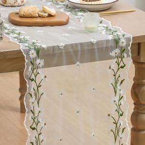 3 x Artoid Mode Daisy Floral Milky White Shaped Gauze Embroidery Table Runner 120 Inch 10FT, Tulle Spring Summer Kitchen Dining Table Decor for Home Party