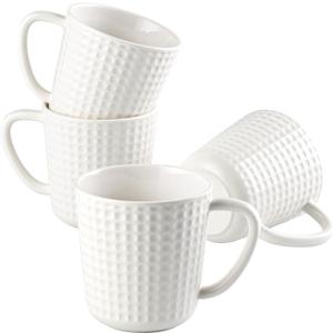 Ceramic Coffee Mugs Set of 4, 14oz White Coffee Cups with Embossed Grid Texture, Modern Minimalist Coffee Mug for Latte Cappuccino Tea Cocoa, Dishwasher & Microwave Safe, Ideal Housewarming Gift