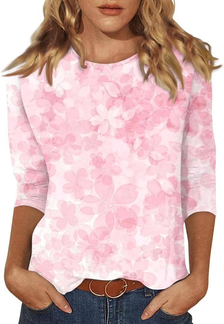 3/4 Length Sleeve Womens Tops Dressy Casual Blouses Summer Fashion 2026 Crew Neck Business Trendy Tunics Tops Shirt (X-Large, 01-sakura Pink)