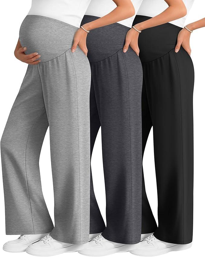 3 Pack Women's Maternity Lounge Pants Wide Leg Over The Belly Pregnancy Pajama Pants Loose Casual Trousers, XL
