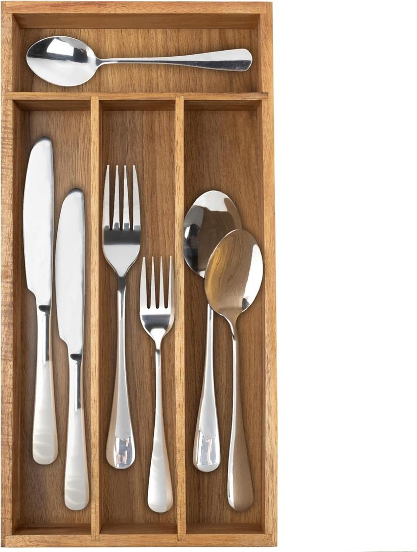 Acacia 4 Slot Silverware Drawer Organizer - Cutlery Holder with Flatware Tray