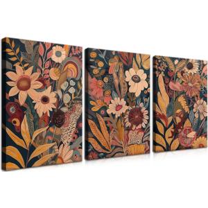 YHCTHT Modern Boho Flower Canvas Wall Art Set of 3 Mid Century Orange Floral Wall Decor, Bohemian Blossom Artwork, Vintage Botanical Prints for Living Room Bedroom Office 16x24in, 24L" x 16W"