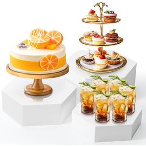 3 Pack Extra Large Acrylic Buffet Risers - 14 13 12 White Hexagonal Display Stands with Hollow Bottoms, Table Display Boxes Set for Food Dessert Cake Drink Catering Party Supplies