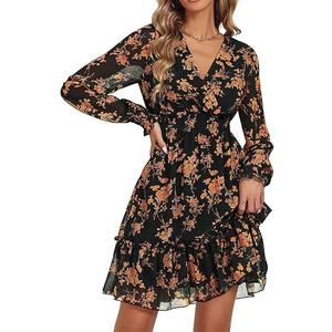Prettywear Women's Floral Chiffon Long Sleeve Mini Dress Flowy A-Line Wrap Neck Tie Back Short Dress XL