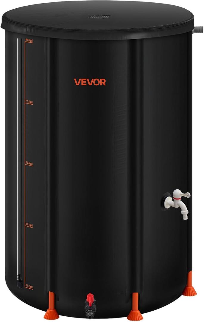 VEVOR Collapsible Rain Barrel, 100 Gallon Portable Rain Water Collection Barrel, 1000D PVC Rainwater Collection System, Garden Water Catcher Tank Storage Container with Spigot & Overflow Kit, Black