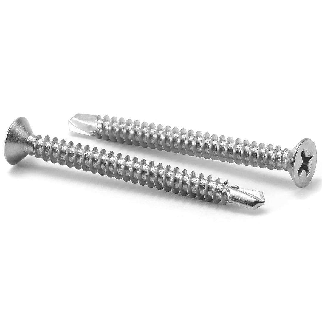 #10 x 2" Sheet Metal Screws 100Pcs 410 Stainless Steel Flat Head Tek Screws Fast Self Tapping Screws by SG TZH