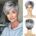 BECUS Gray Hair Topper with Clip in Bangs for Thinning Hair Women, Silver Gray Blend on Dark Base, Daily Wear Hairpiece