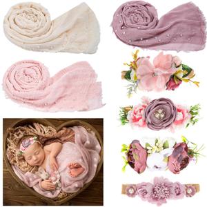 Buryeah 7 Pcs Baby Photoshoot Props Wrap Kit Includes 3 Pcs 66.9 x 35.4'' Newborn Photography Props 4 Pcs Baby Flower Headband Photo Supplies for Boy Girl Infant Toddler