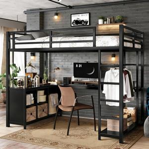 Twin XL Loft Bed with Desk and Wardrobe, Metal Twin XL Size Loft bed with Storage Cubes and Shelves, Heavy-duty Loftbed for Kids, Teens, Adults, Noise-free and No Box Spring Needed Design, Black