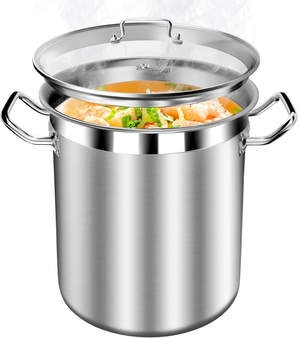 Large Stainless Steel Stock Pot with Lid  24 Quart (6 Gallon) Heavy-Duty Cooking Pot for Soup, Stew, Pasta  Commercial & Home Use, Easy to Clean