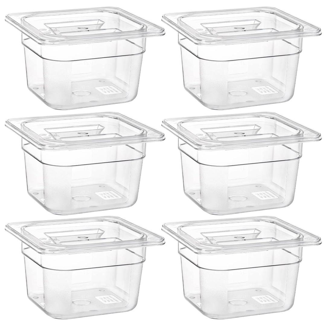 Bekith 6 Pack 1/6 Size Plastic Clear Food Pans with Lids for Kitchen Restaurant Food Prep, 4 Inches Deep