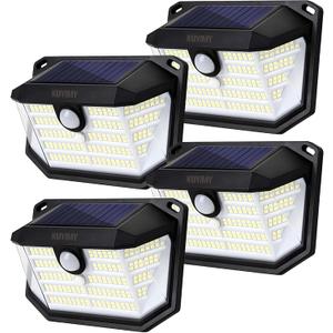 kuyimy Solar Outdoor Lights, 230 LED with Motion Sensor and 3 Modes, IP65 Waterproof, 270 Wide Angle Light, Easy-to-Install Intelligent Security Wireless Wall Lights for Porch, Garage, Yard(4 Pack)