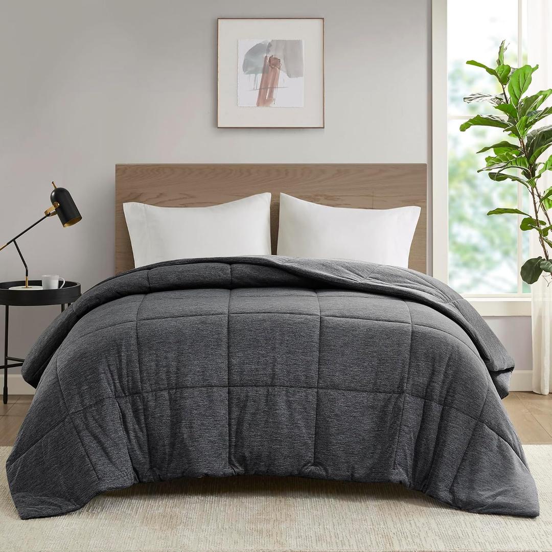 Urban Habitat Queen Comforter Set, Cozy Soft Jersey Knit Bedding, Box Quilting & Heathered Design, Cool to Touch, Lightweight All Seasons Down Alternative Bed Set, Full/Queen Black 4 Piece