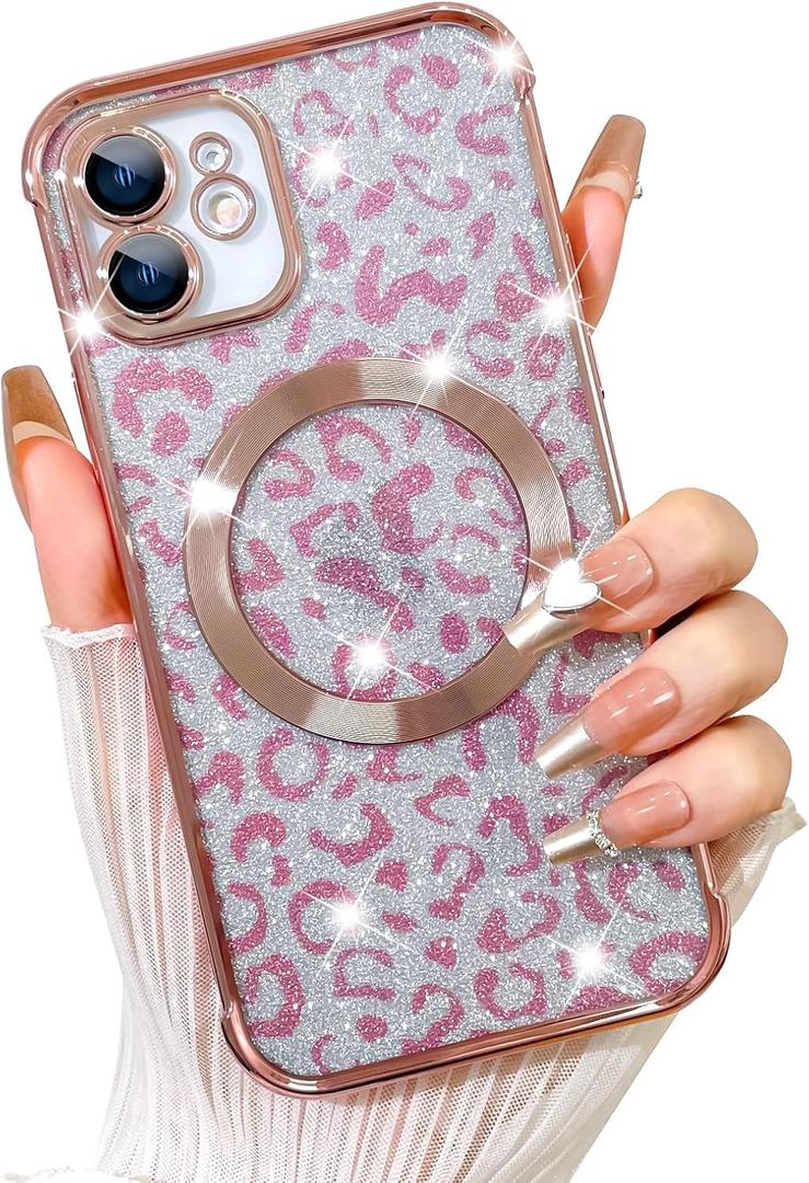 Fiyart Designed for iPhone 11 Case,Compatible with MagSafe Cheetah Print Plating Camera Protection Magnetic Clear Glitter Leopard Print Shockproof Phone Bumper for Women Girls 6.1"-Pink