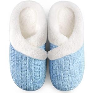 Slippers for Women Fuzzy House Slip on Indoor Outdoor Bedroom Furry Fleece Lined Ladies Comfy Memory Foam Female Home Shoes Anti-Skid Rubber Hard Sole (7-8, Blue)