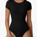 QINSEN Women's Crew Neck Short Sleeve Bodysuit Double Lined Body Suits Basic T-shirt Tops, Large, Black