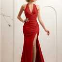 LAGSHIAN Women's Elegant V Neck Halter Backless Bodycon High Split Ruched Long Formal Evening Dress (Red, XL)