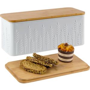 Large Bread Box for Kitchen Countertop Corner Breadbox for Homemade Bread Metal White Ear of Wheat Pattern Embossed Bread Storage Container Bin with Bamboo Lid