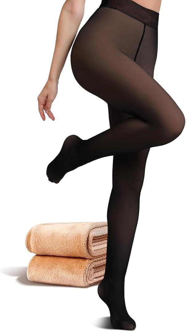 JIZ Translucent Fleece Lined Tights Women, Thermal Tights for Women, Pantyhose Leggings, Warm Sheer Tights for Women Winter, Larg