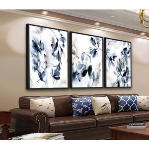 Large Framed Canvas Wall Art - Abstract Floral Wall Decor, Navy Blue Flowers Pictures, Ink Wash Botanical Painting Prints for Living Room Bedroom Office Bathroom Artwork 16" X 24" X 3, 16" X 24" X 3pcs Framed