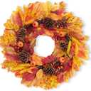 GarveeHome 24 in Fall Wreath for Front Door, Autumn Artificial Wreath with Pumpkins, Maple Leaves, Berries, Wheat for Front Door Indoor Outdoor Wall Halloween Thanksgiving Home Decor
