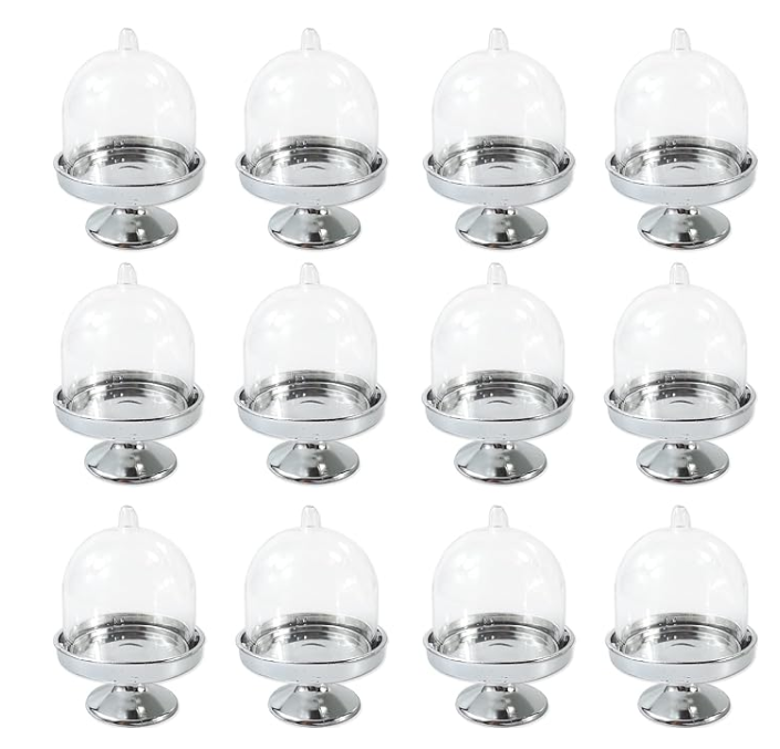 TIHOOD 24PCS Mini Cupcake Stand, Tiny Cake Dome with Clear Plastic For Chocolate, Cheese, Coconut Macaroons, Rum Balls, Candies & More! (Silver)