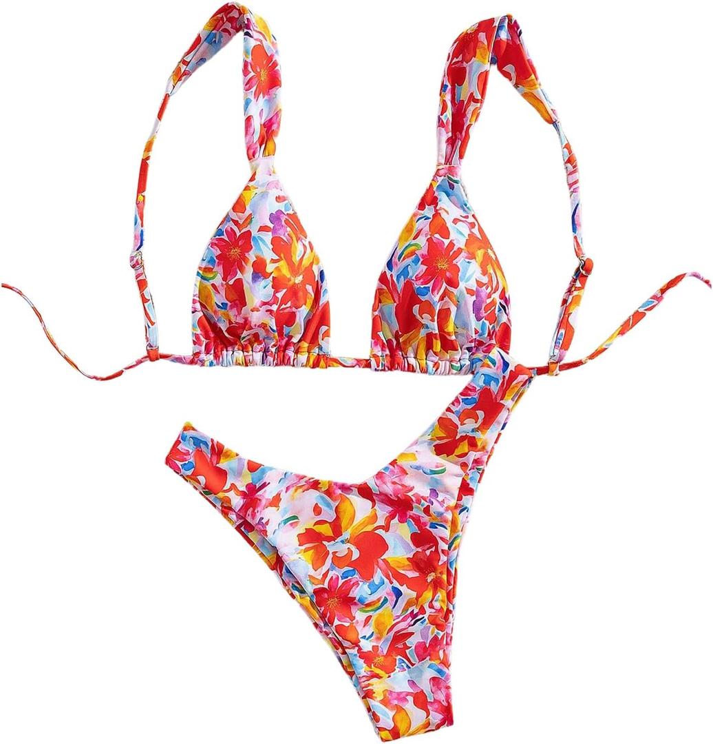 SOLY HUX Bathing Suit for Women Floral Print Triangle High Cut Swimsuit Two Piece Bikini Set (Small)