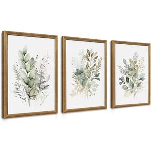 WRFON Framed Sage Green Botanical Wall Art Set of 3, Watercolor Eucalyptus & Wild Plant Canvas Prints, Minimalist Green Wall Decor for Living Room Bedroom Bathroom, 12x16 Inches