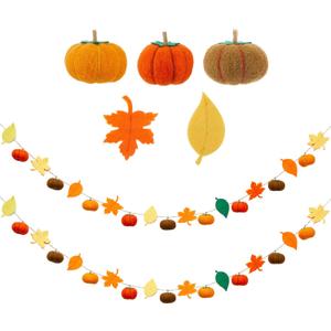 Jecery 2 Pcs Thanksgiving Garland Fall Pumpkin Felt Garland 78 Inches Fall Maple Leaves Pom Pom Felt Banner Autumn Harvest Halloween Thanksgiving Party Decorations for Mantel Fireplace Farmhouse
