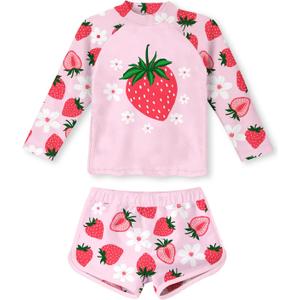 Vogseek 4-10T Girls Rashguard 2 Pieces Long Sleeve Swimsuit Swimwear with Shorts (7-8 Years, Pink Strawberry)