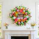Spring Wreath for Front Door, 24 Inch Artificial Spring and Summer Wreath with Peony, Rose, Orchid, Hydrangea and Gardenia Flowers, Peach, Berries and Hello Wooden Sign, Decor for Indoor Outdoor