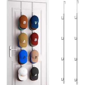 HapiRm Over Door Hat Rack - 2 Packs Hat Organizer with 8 Hooks Design, Hanging Baseball Cap Organizer Storage Holds Up to 40 Caps for Door, Bedroom, Closet (Sliver)