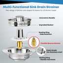 Upgraded 3 in 1 Kitchen Sink Drain Strainer - Stainless Steel Sink Stopper, Anti-Clogging Sink Food Catcher Basket, Fast Drainage Odor Filter Sink Plug for US Standard 3 1/2 inch Drain (Silver-1Pack)