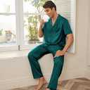 Ekouaer Men Satin Silk Pajamas Set 2 Piece Button Down Sleepwear Long Pants Loungewear with Pockets (Green, M)