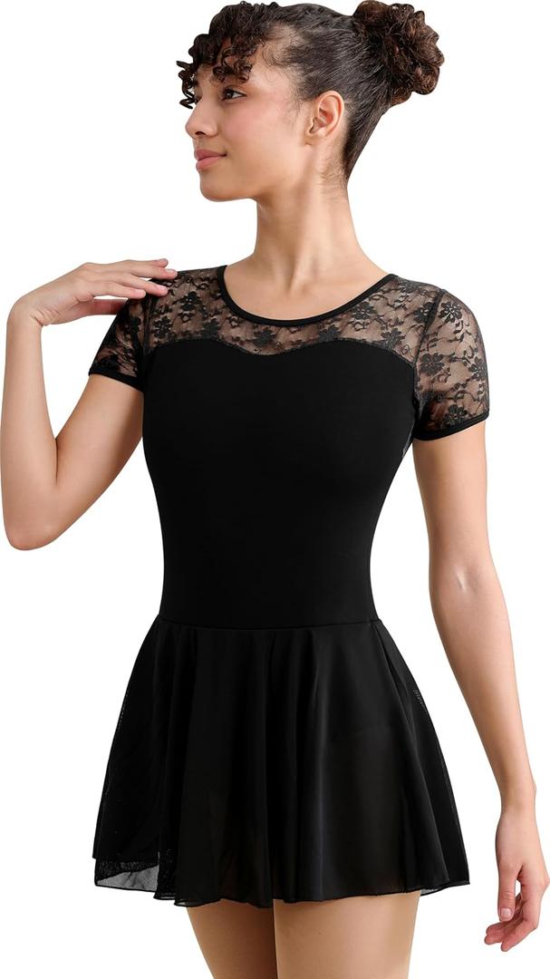 Women's Turtleneck Dance Leotard With Skirt Adult Lace Long Sleeve Ballet Dress (Medium)