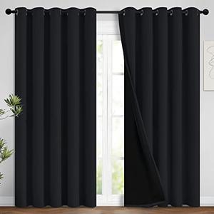 Yakamok 100% Blackout Curtains for Bedroom, 2 Thick Layers Thermal Insulated Grommet Total Blackout Drapes with Black Liner for Living Room (62Wx96L,Black, 2 Panels)