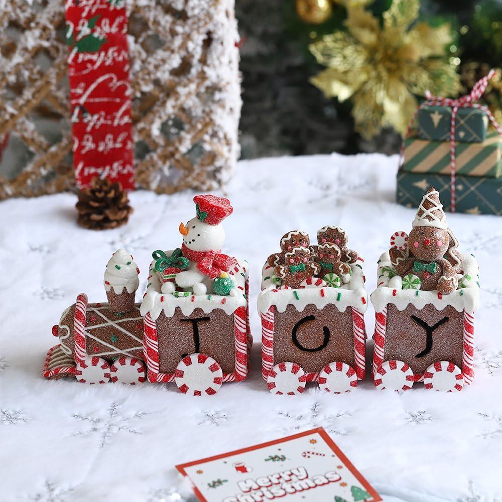 Christmas Gingerbread Man Train Decorations, 1Pc Clay Dough Xmas Snowman with Cookie Red White Figurines for Tabletop Christmas New Year Winter Holiday Birthday Party Home Decorations
