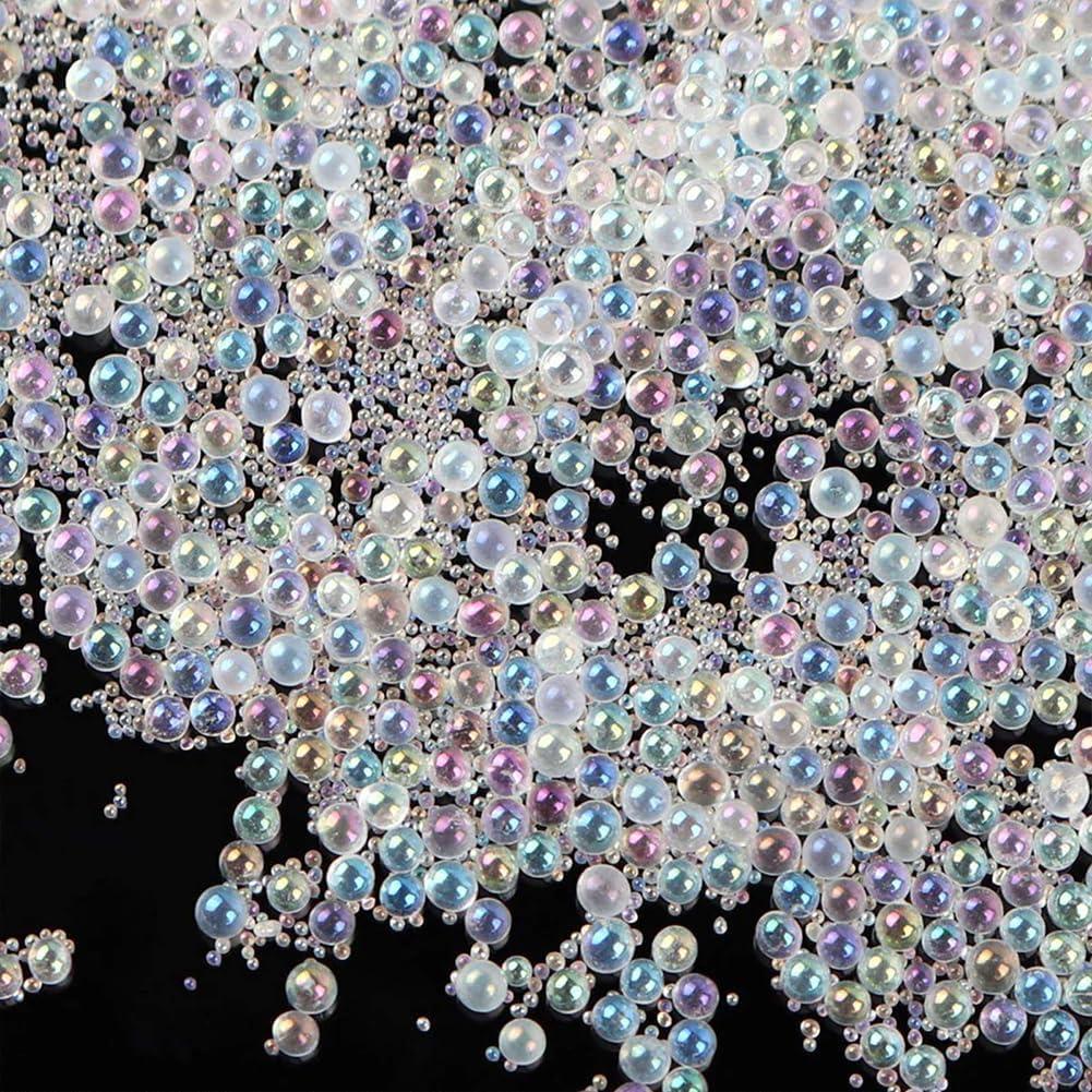 OLYCRAFT 210g 1~3mm Glass Bubble Beads No Hole Iridescent Beads Water Droplets Bubble Bead Iridescent Glass Bead for Resin Crafting Nail Arts Decoration (Clear AB)