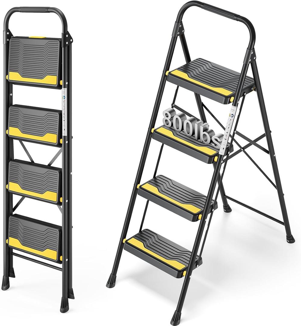 Urackify 4 Step Ladder, Heavy-Duty Pass 800lb Capacity Test, Wide Anti-Slip Steps & Secure Handrail Compact, Folding Step Stool Portable Design for Home, Kitchen, Office, Pantry, Closet Use, Black