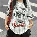 Women's Y2k Letter Print Short Sleeve Tee Shirts Striped Crewneck Drop Shoulder Loose T Shirts