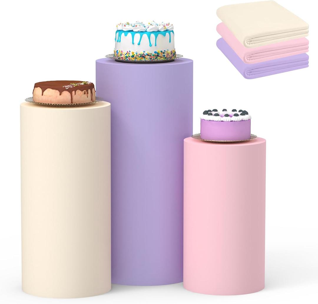 Cylinder Covers Set of 3,Cylinder Stand Covers for Parties,Round Pedestal Stand Covers for Cylinder Stands for Wedding Party Birthday Display(Cylinder Stands Not Included) (Pink Beige Purple, L+XL+XXL)